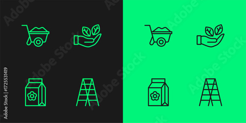 Set line Wooden staircase, Pack full of seeds, Wheelbarrow and Leaf in hand icon. Vector
