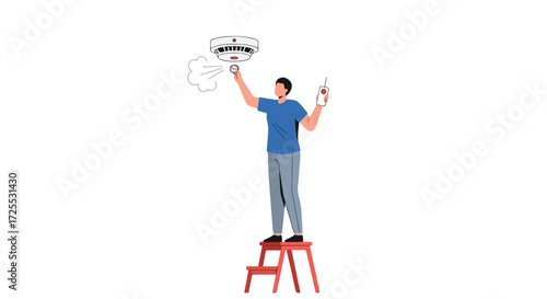 Man testing smoke detector on step stool, using spray can and remote control, isolated illustration highlights home safety measures and routine