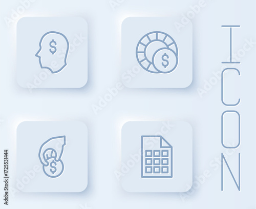 Set line Lucky player, Casino chips, Hand holding casino and Lottery ticket. White square button. Vector