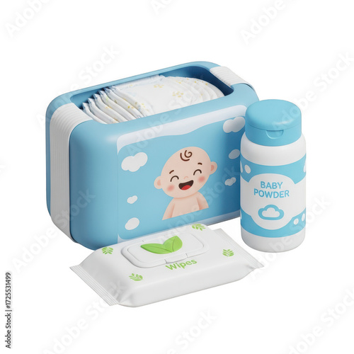 Baby diaper caddy organizer with wipes and powder for essential baby care transparent background