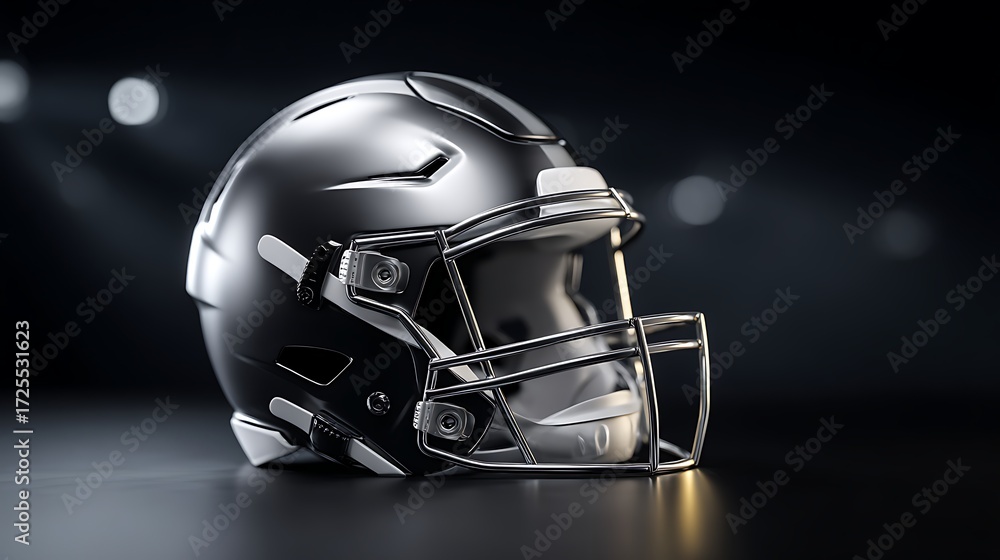 Fototapeta premium Football Helmet with Metallic Silver Finish and Black Facemask on Dark Background