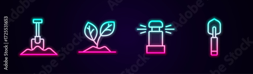 Set line Shovel, Sprout, Automatic irrigation sprinklers and Garden trowel spade or shovel. Glowing neon icon. Vector