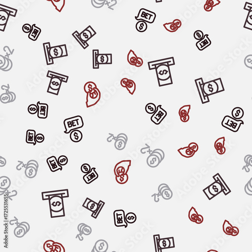 Set line Casino chip with dollar, Automated teller machine and money, and Hand holding casino chips on seamless pattern. Vector