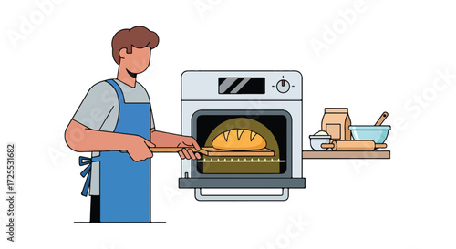 Man in apron baking bread in oven in cozy kitchen, mastering artisanal bread baking craft, illustration expressing culinary enthusiasm and