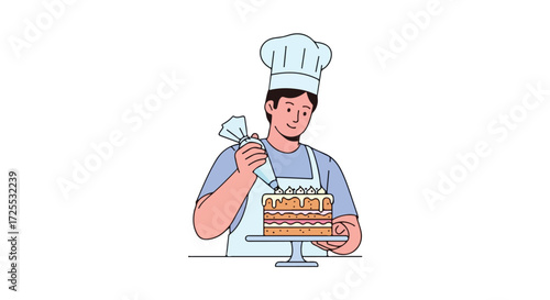 Illustrative depiction of a baker decorating a multi-layered cake with intricate details using a pastry bag in a kitchen setting