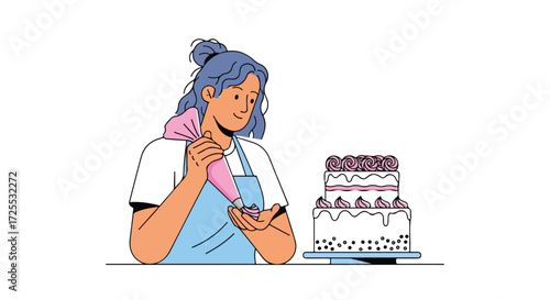 Baker decorating a tiered cake with piping bag, showcasing culinary expertise and dessert creation illustration