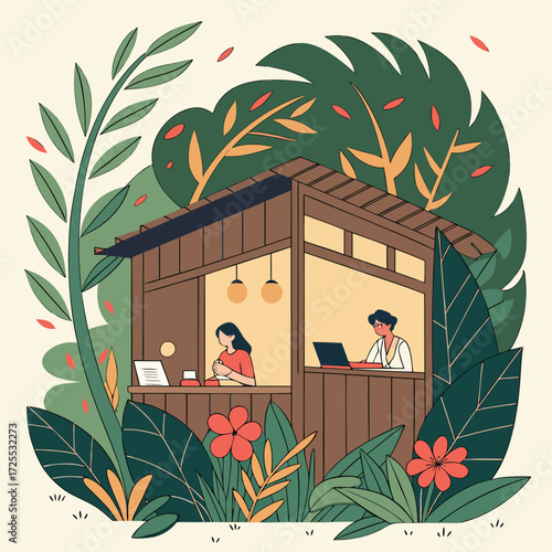 Vector illustration of digital nomads working in jungle café.