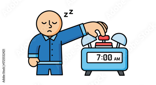 Illustration depicting a sleepy cartoon character silencing an alarm clock at 7:00 AM on a white background