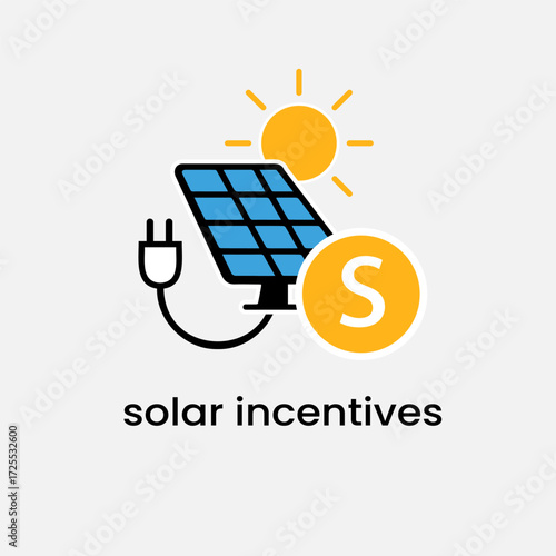Minimalist design showing solar panel and dollar coin. Symbol of clean energy, cost savings, and government solar incentives program.