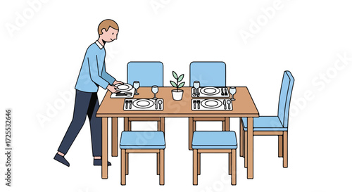 Illustration of a man setting a dining table for a meal, preparing for a dinner party with place settings and decorations neatly arranged for a