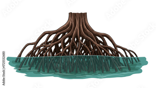 Advanced Mangrove Tree Illustration: Lush Tropical Coastal Ecosystem with Prop Roots, Vibrant Green Foliage, Turquoise Lagoon Waters, and Aquatic Wildlife Habitat