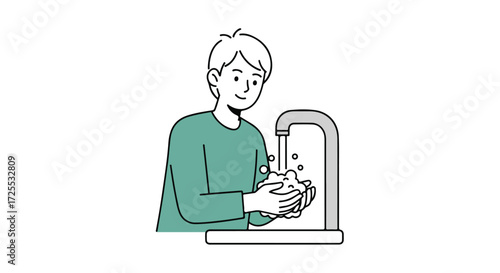 Illustration depicting a person washing their hands at a sink, promoting hygiene and health practices for vector visuals