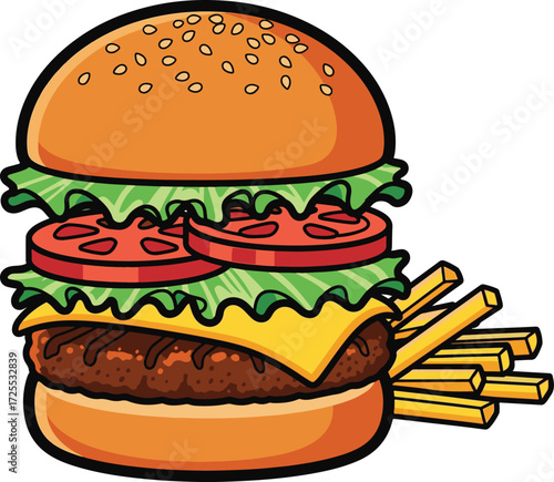 Vector cartoon cheeseburger with french fries clipart