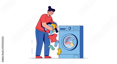 Woman loading a blue washing machine with clothes in a stylized cartoon illustration with bold outlines and vibrant color palette