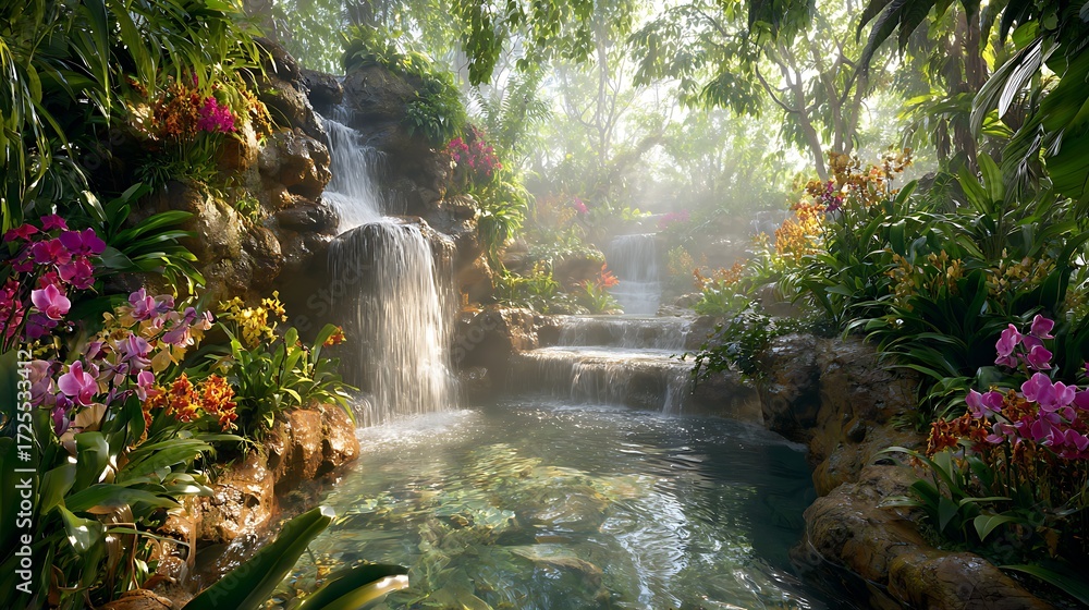 Fototapeta premium Beautiful waterfall in tropical rainforest garden with orchids and lush greenery landscape photography