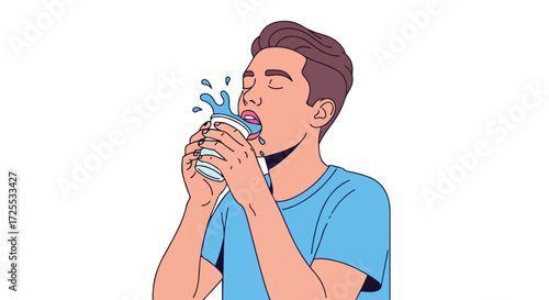 Illustration of a young man drinking water from a glass with a spill, emphasizing freshness and hydration during a hot day, with a minimalist