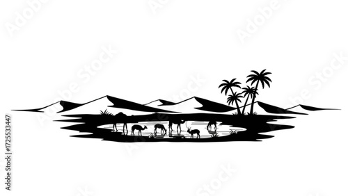 Advanced Oasis Desert Scene with Camels, Palm Trees, and Sand Dunes - Enhanced Visual Exploration