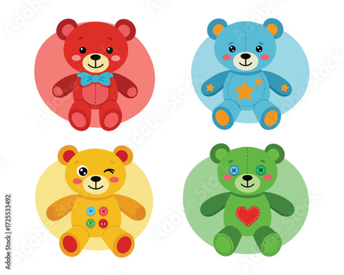 Four adorable cartoon teddy bears in vibrant colors red blue yellow and green with cute faces and playful poses on a light background