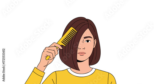 Animated woman with brown hair combing it, isolated on white background for beauty and self-care visuals