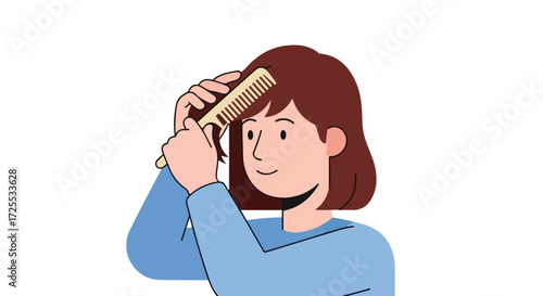 Woman combing her short brown hair at home in a simple cartoon style with smooth lines and clean design representing self care and personal grooming