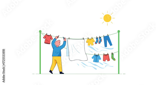 A vibrant illustration of a person hanging laundry on a clothesline under a bright sun represents a simple and domestic everyday scene