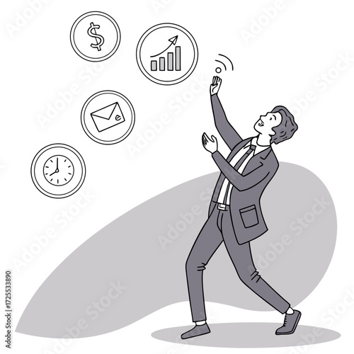 Vector of businessman juggling multiple glowing icons.