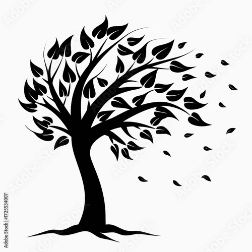 Windy Autumn Tree Silhouette Vector