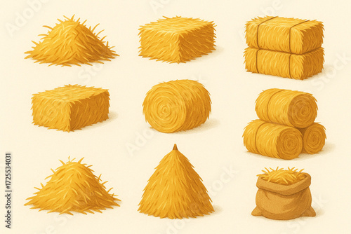 Hay Illustration Collection with Bales, Stacks, and Rustic Farm Elements
