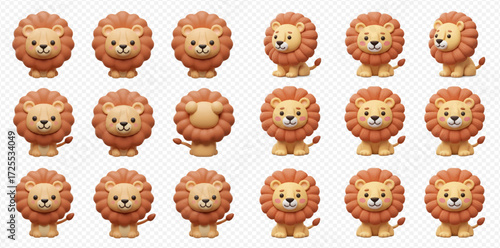A charming collection of cute 3D rendered cartoon lions in various adorable poses and expressions, featuring fluffy manes.