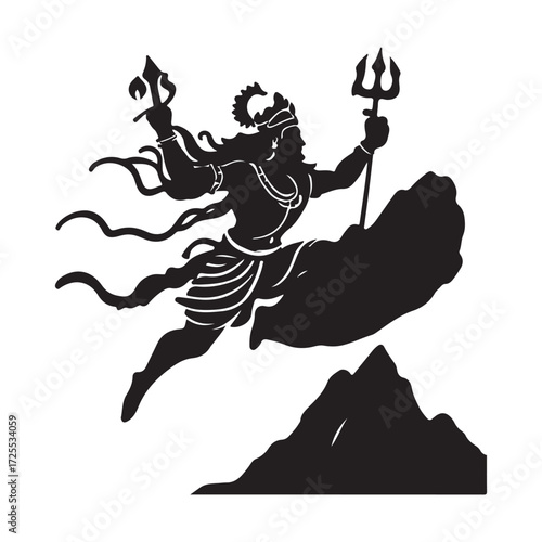 Silhouette of Lord Shiva Ascending a Mountain with Trident and Damaru
