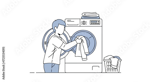 Graphic illustration depicting a person loading a front-loading washing machine for garment cleaning and domestic chores