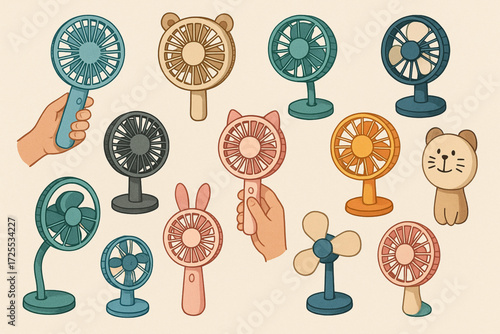Whimsical Fan Design Collection with Handheld, Desk, and Animal Motif Styles