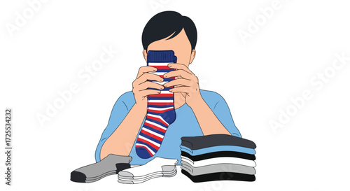 Person obscures face with striped sock, sorting laundry, focusing on domestic organization and sock inspection revealing a glimpse of everyday life