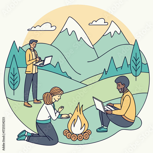 Vector illustration of global entrepreneurs working in mountains.