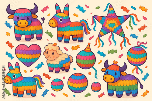 Colorful Piñata Cartoon Collection with Festive Shapes and Candy Details