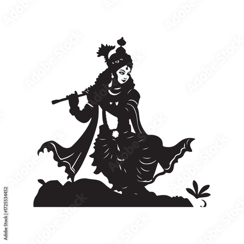 Lord Krishna Silhouette Playing Flute Divine Hindu Deity Illustration