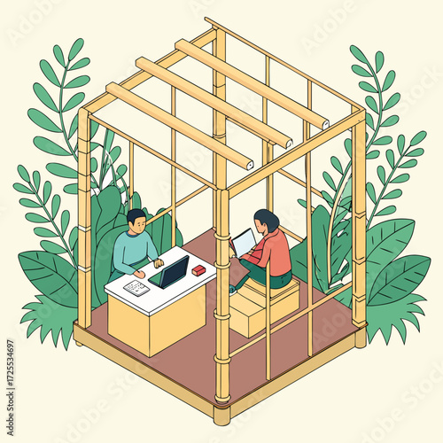 Vector of entrepreneurs working inside a bamboo workspace.