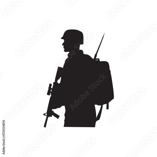 Backpack rifle soldier. Silhouette of soldier with backpack and rifle , patrol, duty, readiness.