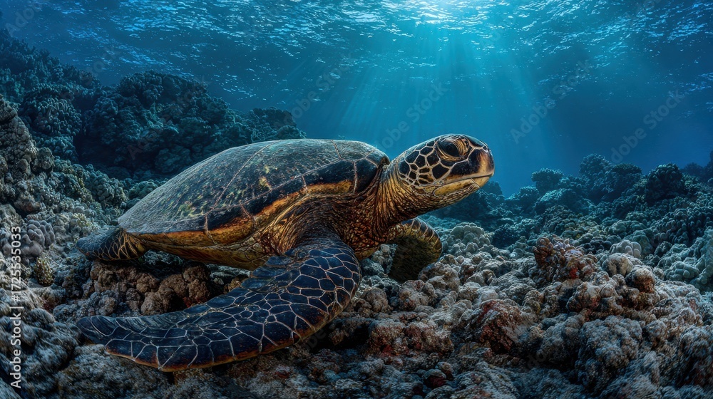 Fototapeta premium Sea Turtle on Coral Reef with Sunbeams