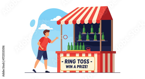 Excitement at the Ring Toss Game: Boy Tries His Luck to Win a Prize at the Carnival Stall with Bottles