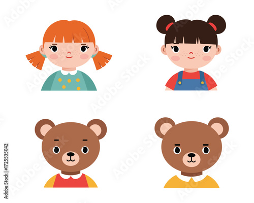 Charming set of four cute cartoon avatars featuring two adorable young girls and two friendly brown bears with simple outfits
