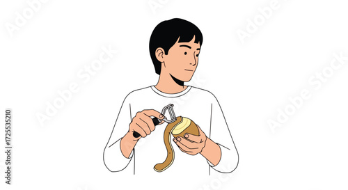 Boy skillfully peeling a potato with a vegetable peeler, illustrating a common cooking activity, with a clean background and a focus on food
