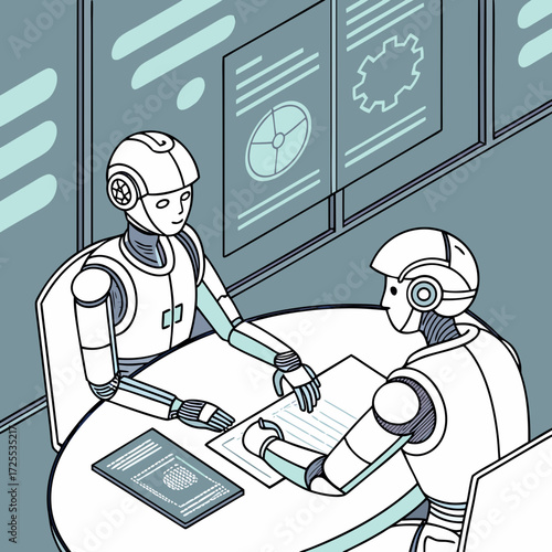 Futuristic vector of business robots negotiating a contract.