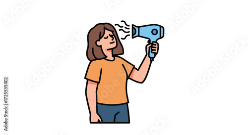 Stylized illustration depicting a woman drying her hair with a blue hairdryer in a lighthearted manner displaying simplicity and self-care depiction
