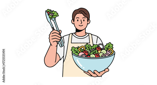 Enthusiastic chef presenting a vibrant, freshly tossed salad with garden-fresh vegetables and leafy greens in large bowl with tongs in hand