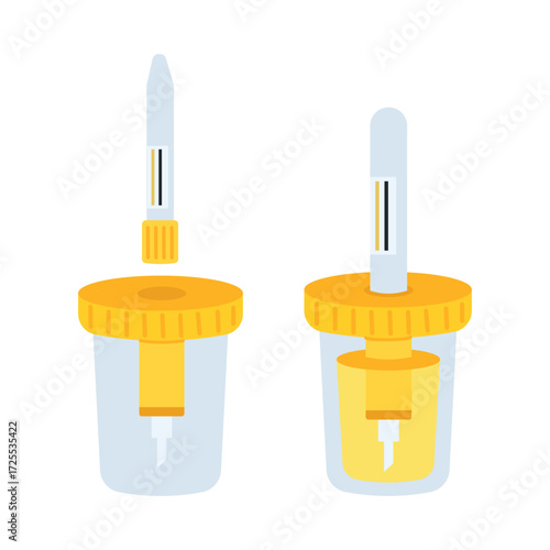 Urine analysis. Container with urine sample. Plastic containers with biomaterial