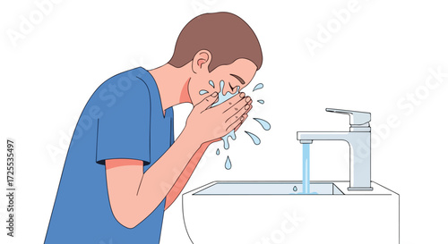 Daily hygiene ritual: a young man washing his face with fresh water in a minimalist style bathroom illustration displaying cleanliness