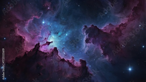Epic 4K wallpaper of a glowing nebula landscape in deep space, vibrant purple, blue, and pink hues, dramatik star clusters, high-resolution cinematic style,Generative Ai
