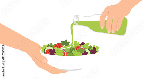 Hands preparing and serving a vibrant mixed salad with dressing, healthy eating lifestyle presented in a minimal illustration for culinary concepts