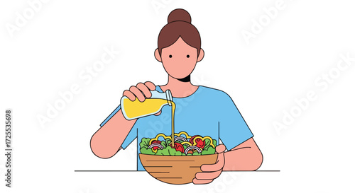 Illustration of a person pouring vinaigrette dressing over a colorful fresh salad for balanced nutrition and a delicious meal concept